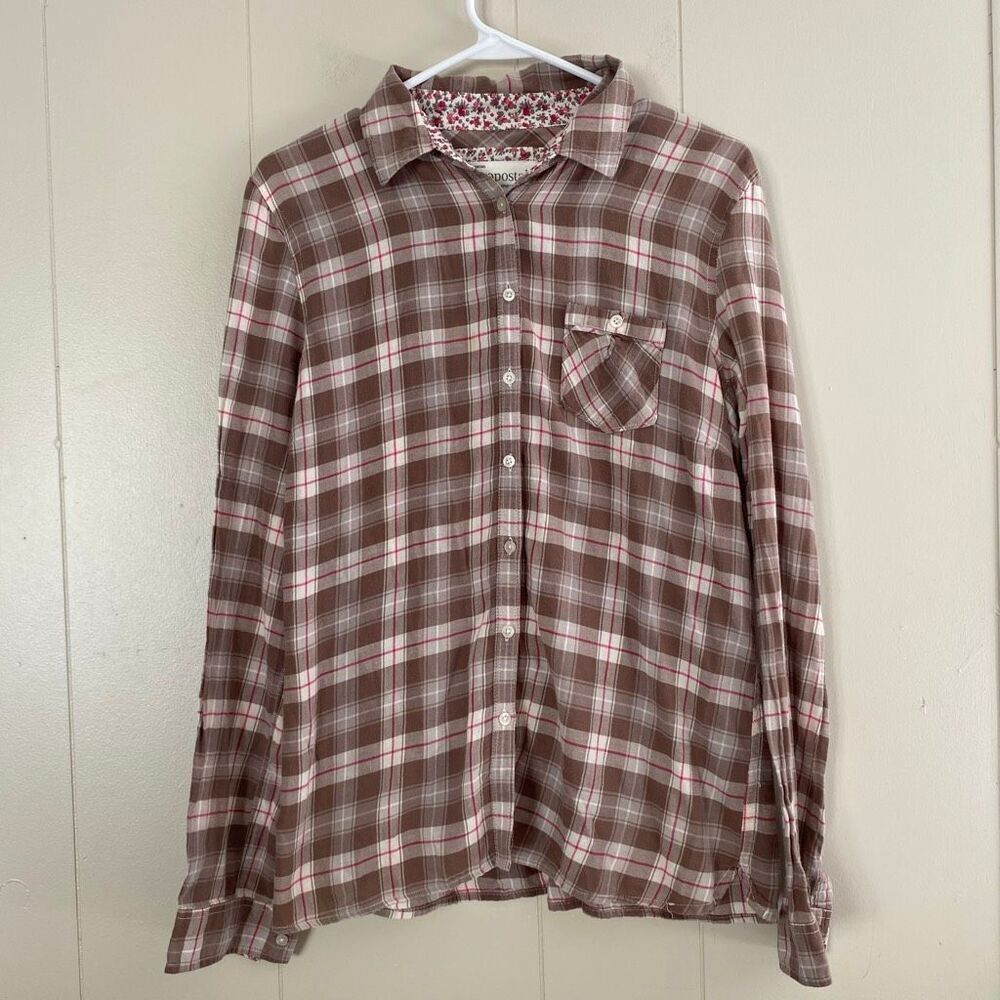 Aéropostale Plaid Button Down Shirt Brown Pink Flannel Top Women’s XL 100% Cotto